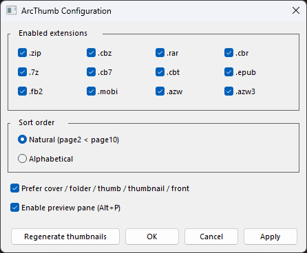 ArcThumb の設定 GUI のスクリーンショット