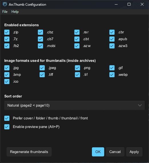 ArcThumb の設定 GUI のスクリーンショット