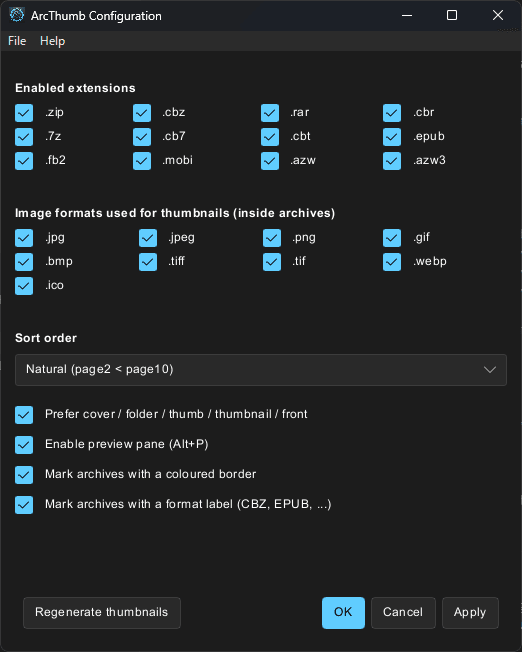 ArcThumb の設定 GUI のスクリーンショット